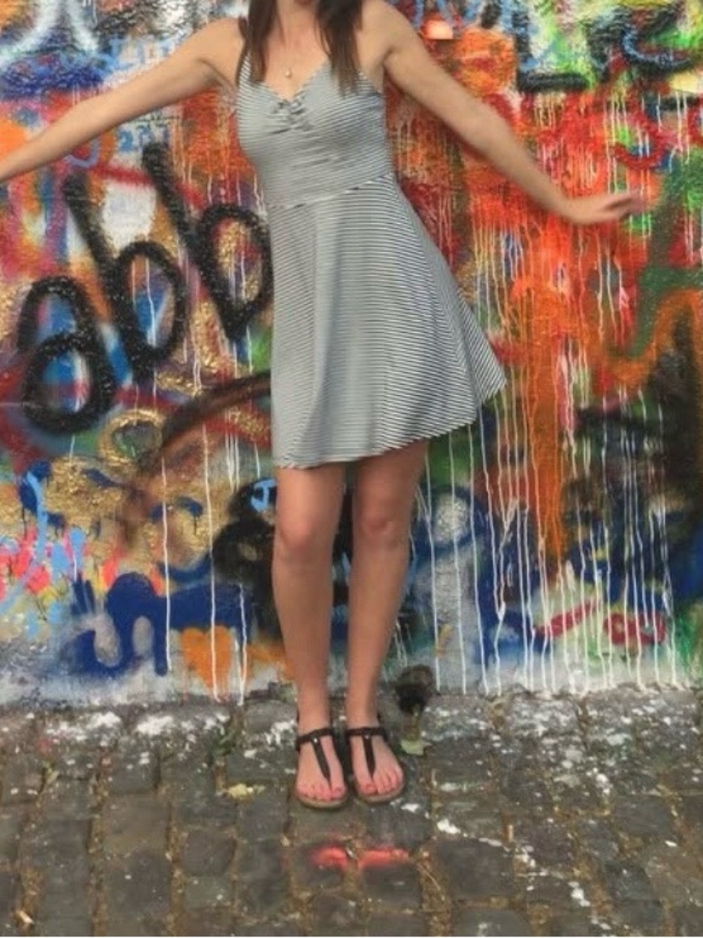 Striped Spaghetti-Strap Mini Dress in Black and White